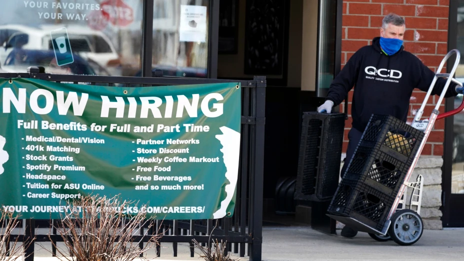 Anuncio de contrataciones en un Starbucks en Schaumburg, Pensilvania