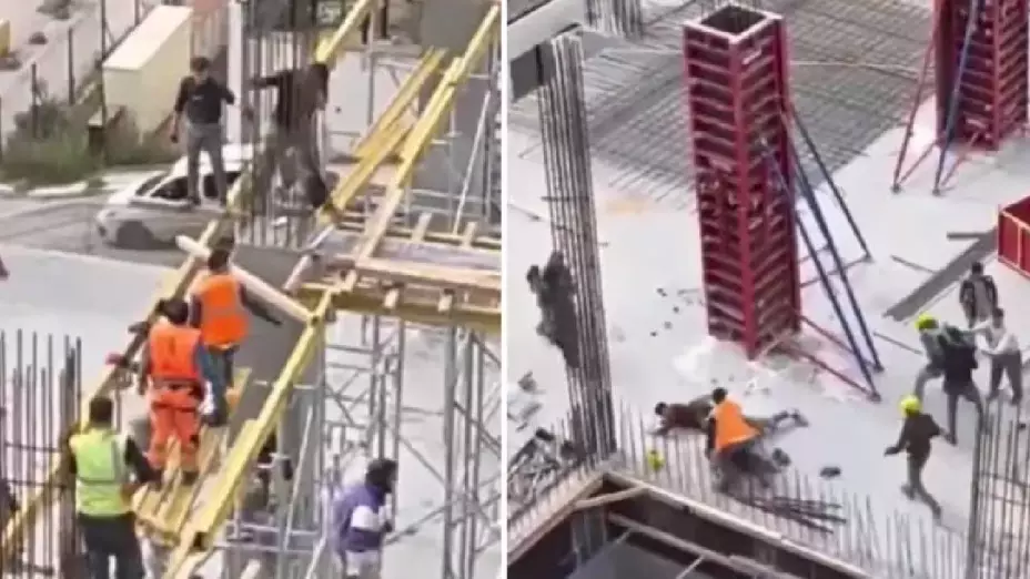 Albañiles se pelean en lo alto de una construcción y queda grabado; video.jpg