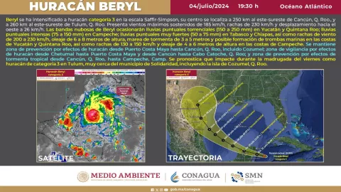 Huracán Beryl aumenta a categoría 3 frente a las costas de Quintana Roo