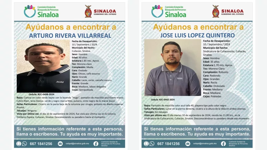 Fichas de personas desaparecidas durante hechos violentos en Culiacán