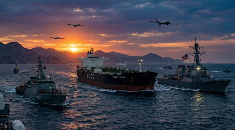 Buques militares y petrolero navegan en el Estrecho de Ormuz al atardecer, escoltados por aviones, en medio de tensión geopolítica.