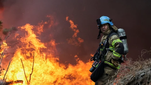 Un bombero observa la escena de un incendio en la aldea de Guryong , el último barrio marginal del distrito de Gangnam, en Seúl, Corea del Sur, el 16 de enero de 2026