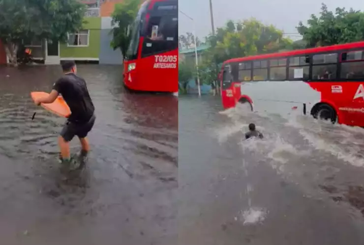 La inundación que se registró en una calle de Guadalajara por la lluvia sirvió para que un joven intentara surfear sin ir a la playa.