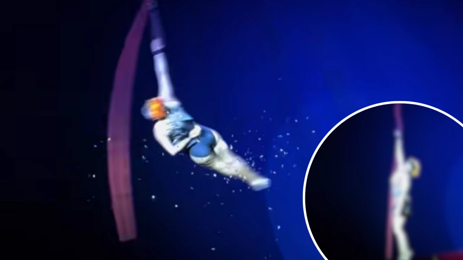 Acróbata convulsiona en el aire durante acto en el circo