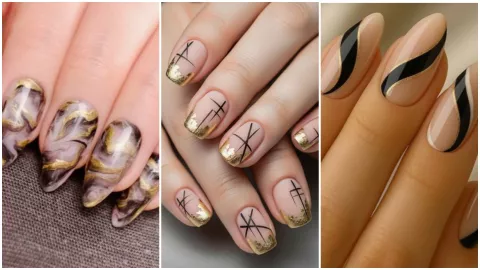 estilos de uñas beige con dorado y negro