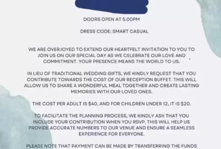 Novios son criticados tras pedir a sus invitados que paguen la comida de su boda