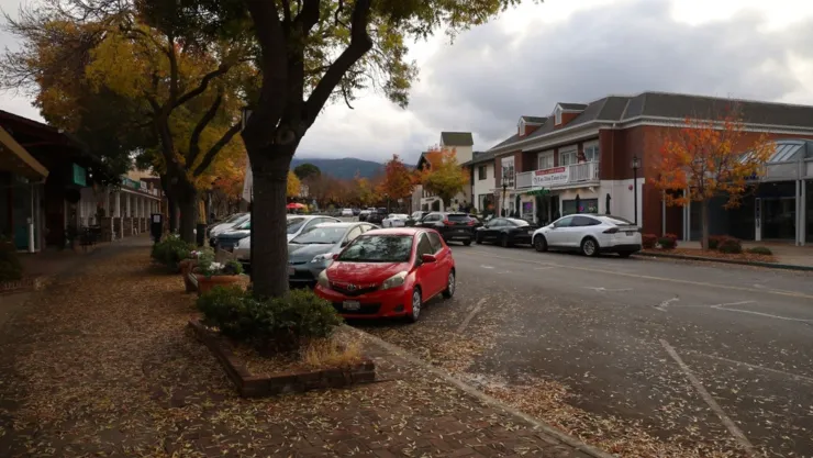 Vista de una calle del suburbio de Los Altos, en California, donde hay autos estacionados en otoño.