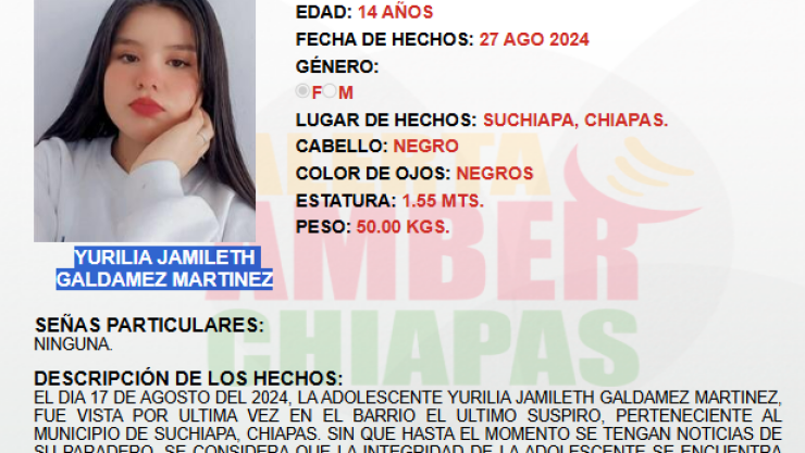ALERTA AMBER CHIAPAS: Yurilia Jamileth fue vista por última vez en Suchiapa