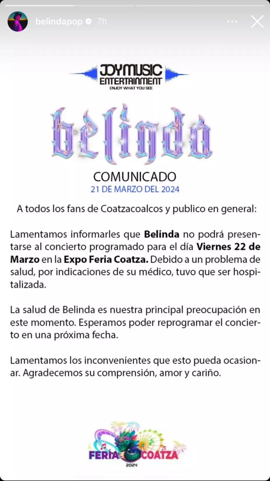 Hospitalizan a Belinda de emergencia y cancela sus próximos conciertos; esto sabemos