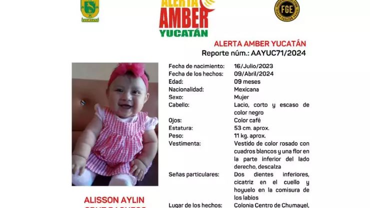 Alerta Amber_ Buscan a la bebé Alisson Cruz de 09 meses de edad en Yucatán