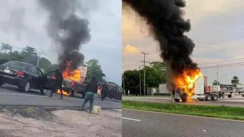 Quema de vehículos en carreteras del municipio de Cárdenas, Tabasco.