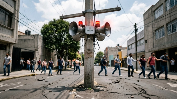 Altavoces de SASMEX sonando mientras la gente sale por el segundo simulacro nacional.