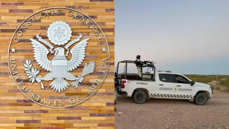 Foto del logo del consulado de EU y de patrulla de la Guardia Nacional en Sonora.