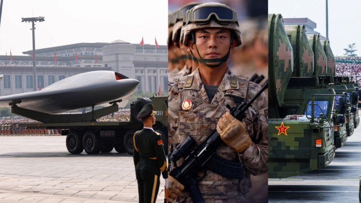 Impresionante desfile militar en la plaza de tiananmén, china. se ven camiones transportando enormes misiles nucleares df-5c frente a miles de soldados en formación. la imagen muestra el poderío militar de china en 2025.