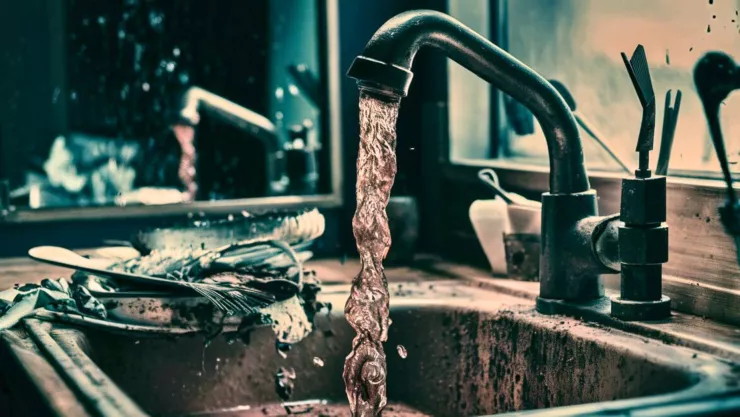 Una foto que muestra agua sucia y de color marrón saliendo del grifo de la cocina
