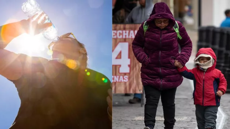 Persona tomando agua ante el intenso calor, en contraste una familia camina sin soportar el frío.