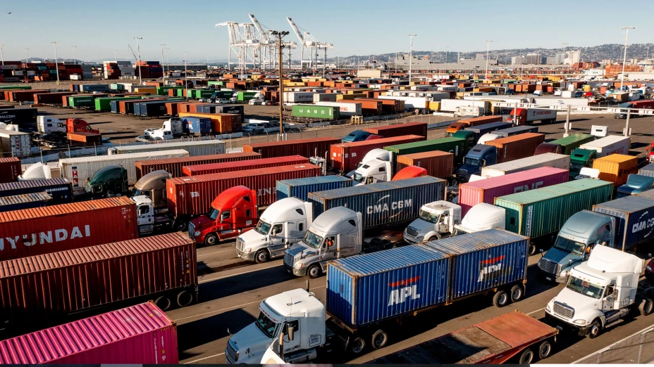 Camiones de carga en el puerto de Oakland, California, EU