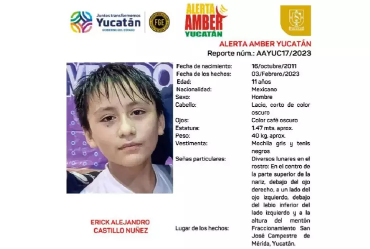 Activan Alerta Amber por DESAPARICIÓN de un niño, en Mérida