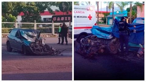 Tragedia en Córdoba: Autobús destroza auto familiar en fuerte accidente; hay dos muertos y una menor herida. En la imagen se observa un vehículo destrozado tras ser embestido por un camión de pasaje.