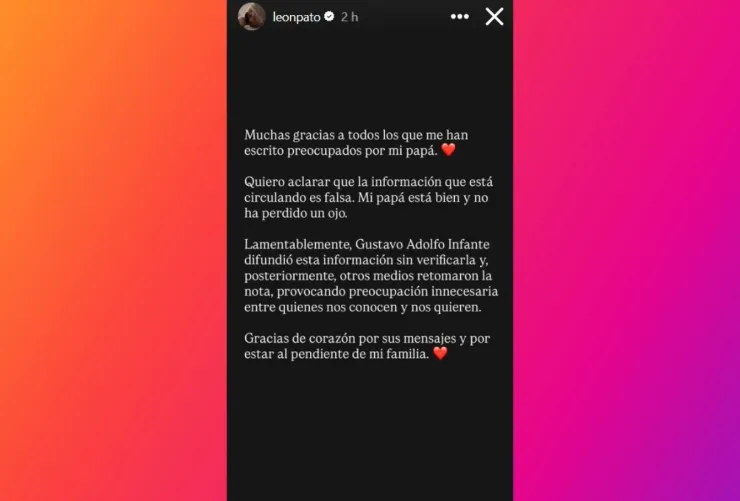 Leonardo Bono acude a redes sociales para desmentir que su padre, César Bono, había perdido un ojo por un tumor.