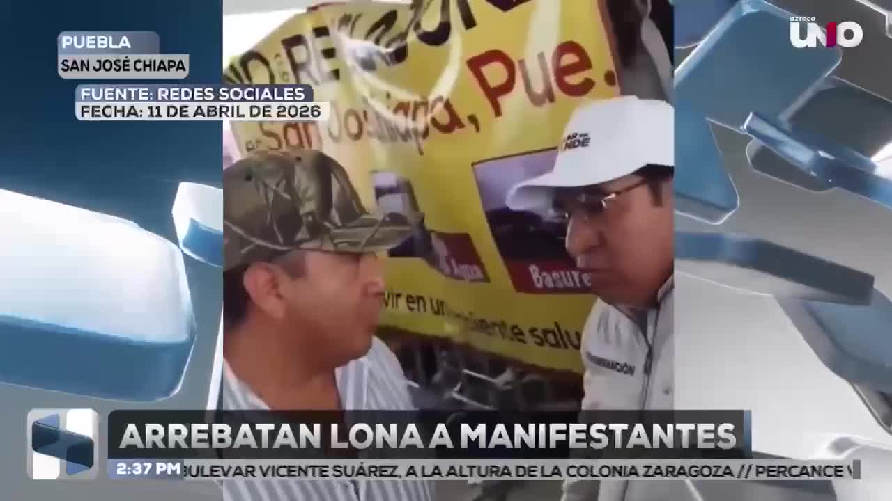 ¡SIN LIBERTAD DE EXPRESIÓN! Total incongruencia: Funcionario público del gobierno de Alejandro Armenta fue captado arrebatando y jalando lonas y pancartas durante una protesta en San José Chiapa