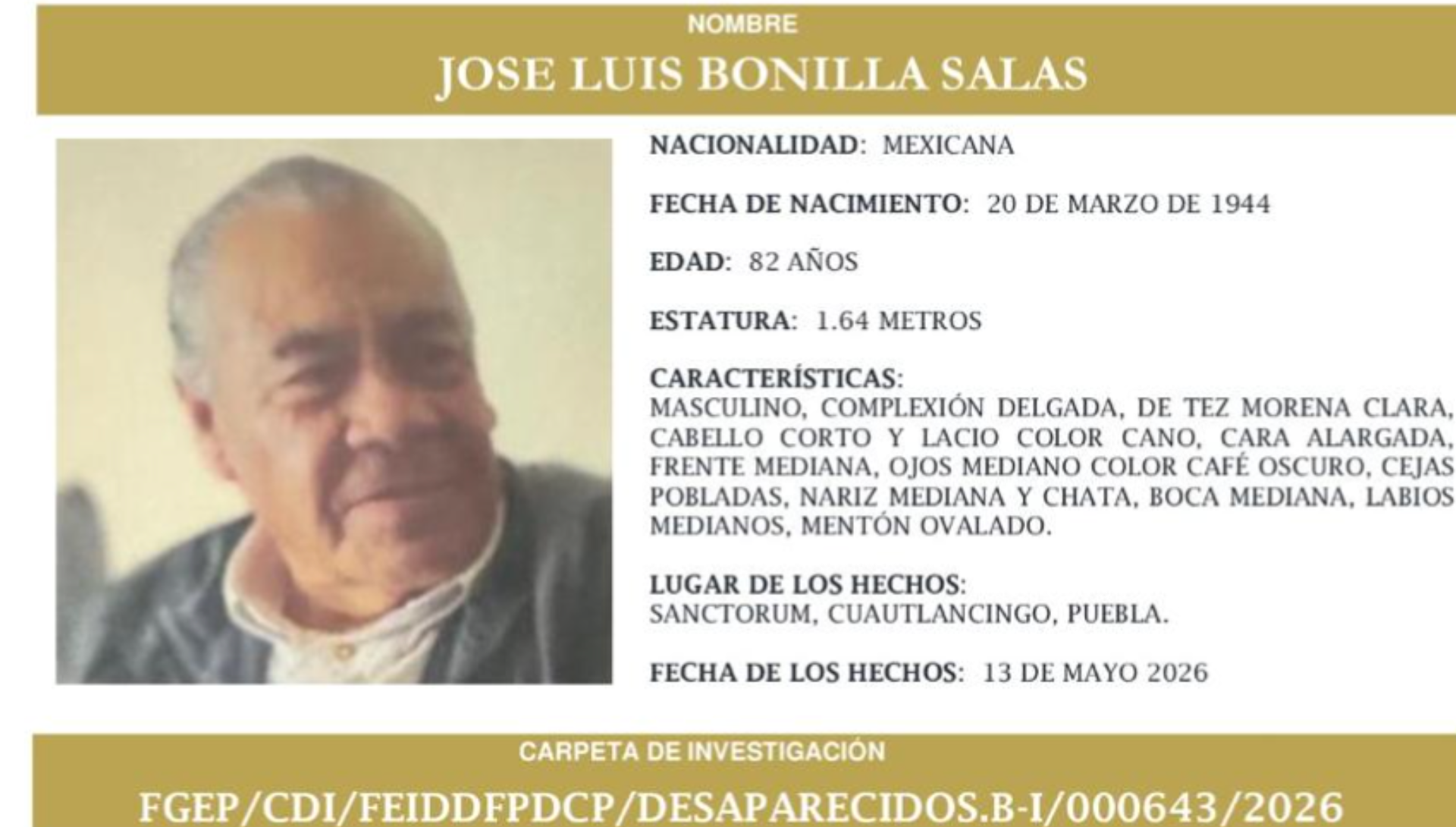 Reportan como desaparecido a José Luis Bonilla en Cuautlancingo, tiene 82 años